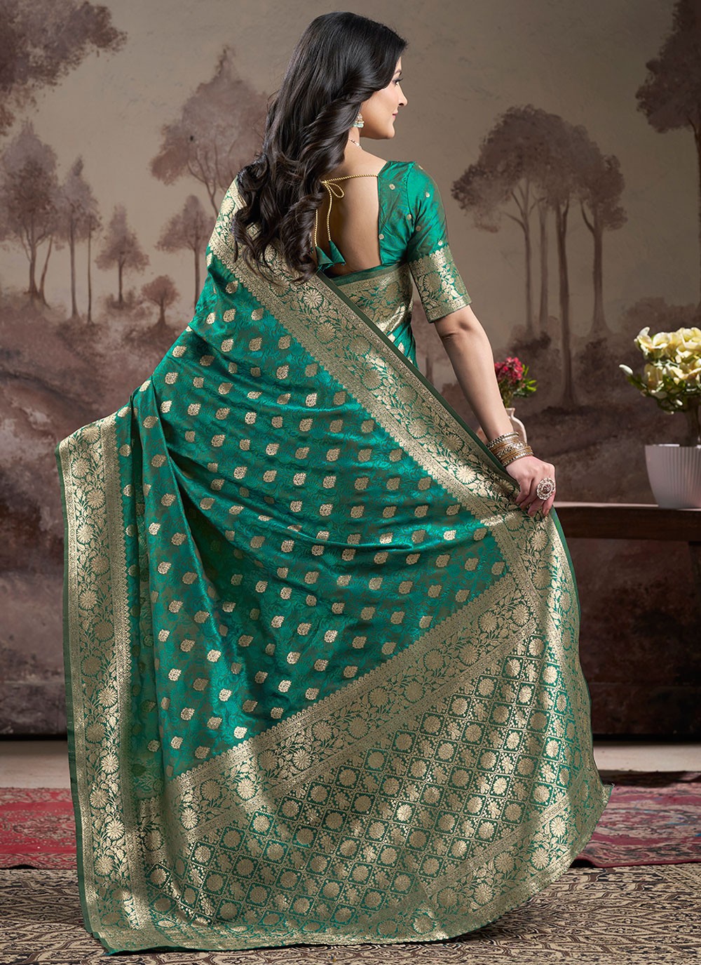 Traditional Jacquard Work Green, Teal Jacquard Silk Saree S12593