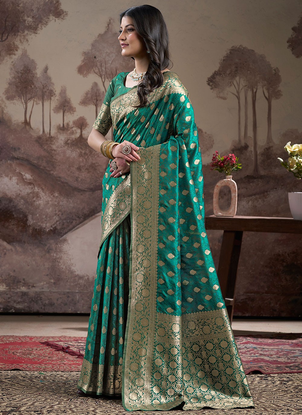 Traditional Jacquard Work Green, Teal Jacquard Silk S12593
