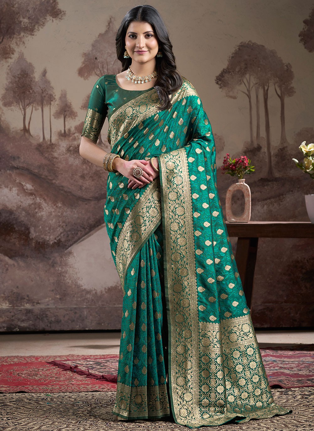 Traditional Jacquard Work Green, Teal Jacquard Silk Saree S12593