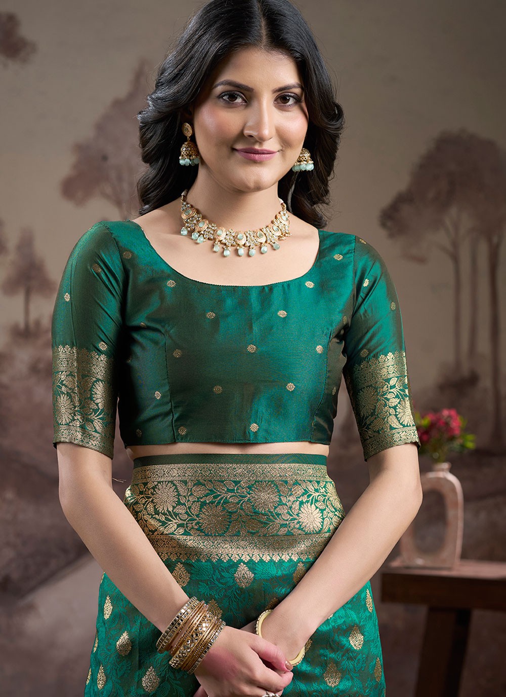 Traditional Jacquard Work Green, Teal Jacquard Silk S12593