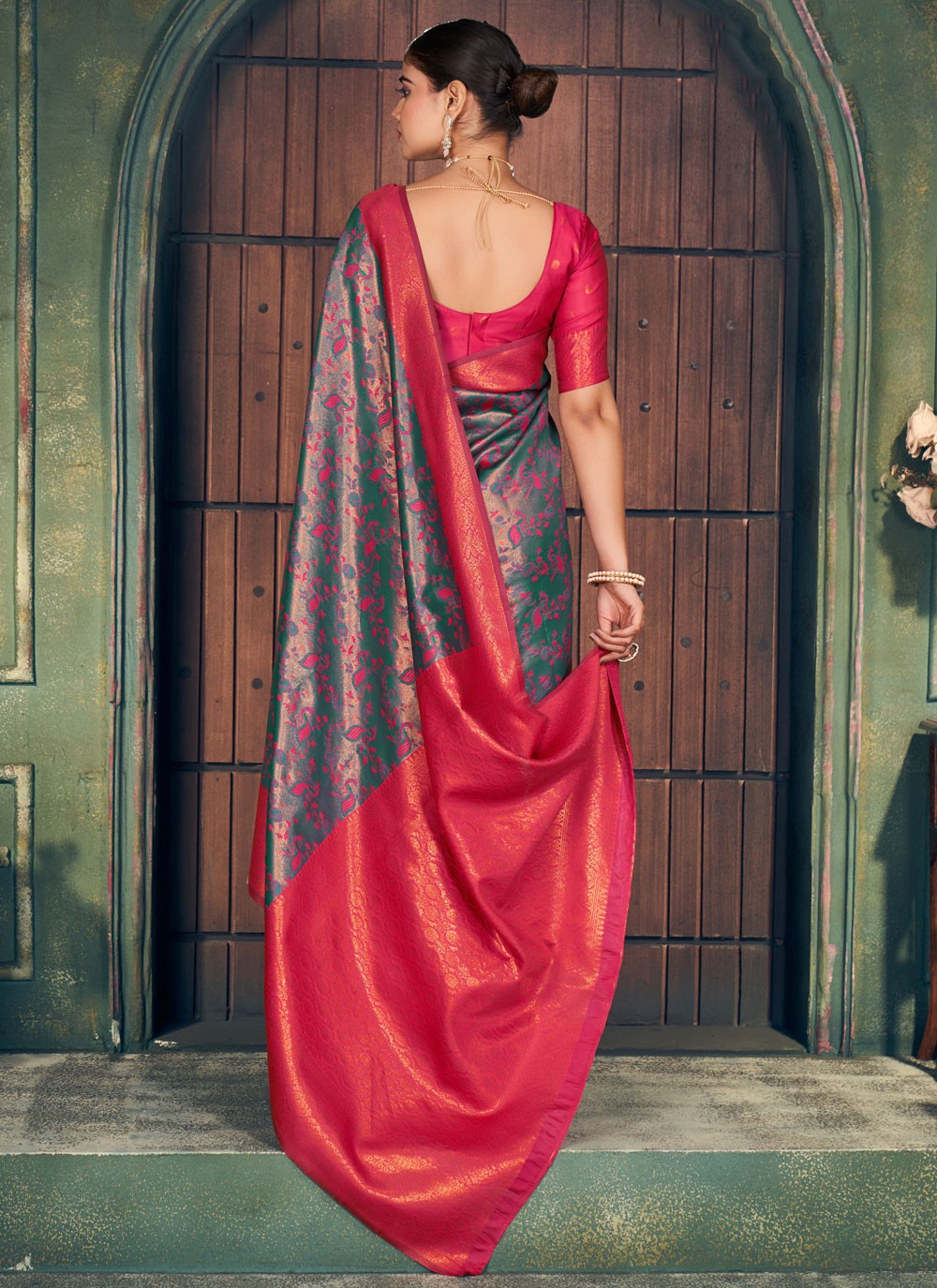 Traditional Weaving Zari Green, Teal Silk Saree S13416