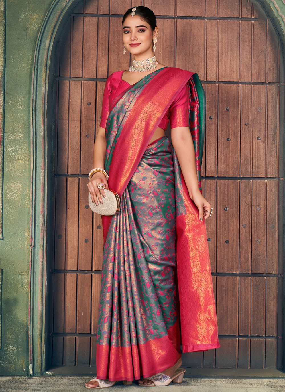 Traditional Weaving Zari Green, Teal Silk Saree S13416