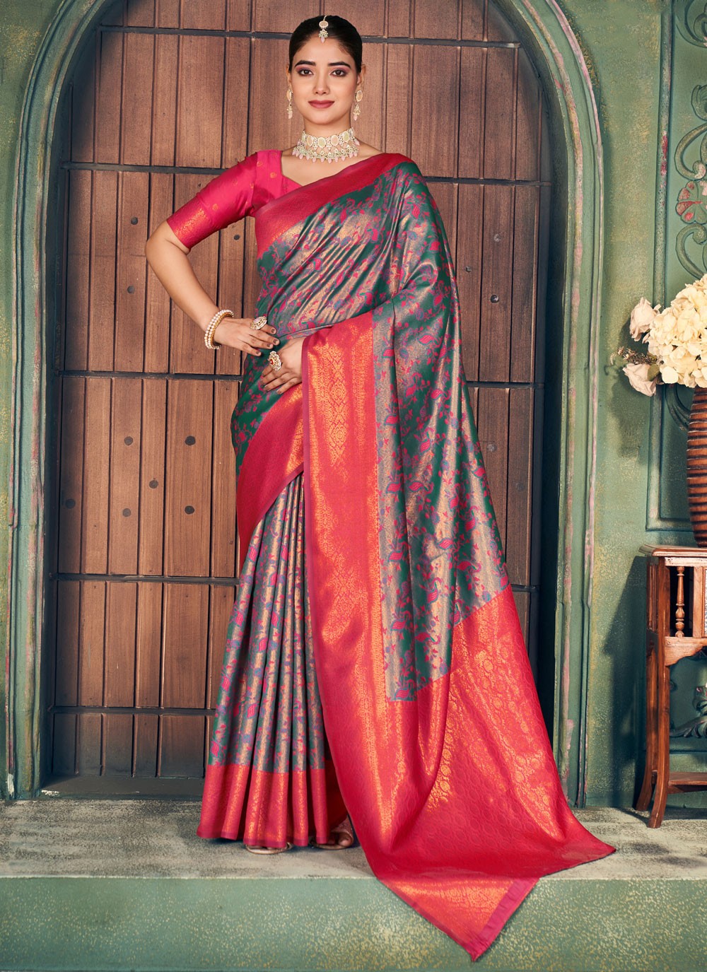 Traditional Weaving Zari Green, Teal Silk Saree S13416