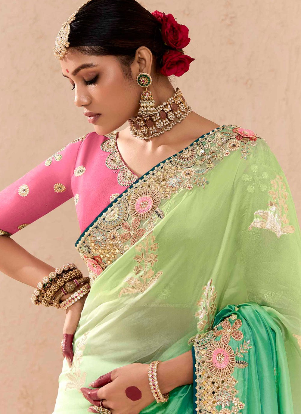 Traditional Embroidered Green, Turquoise Silk Saree S13656