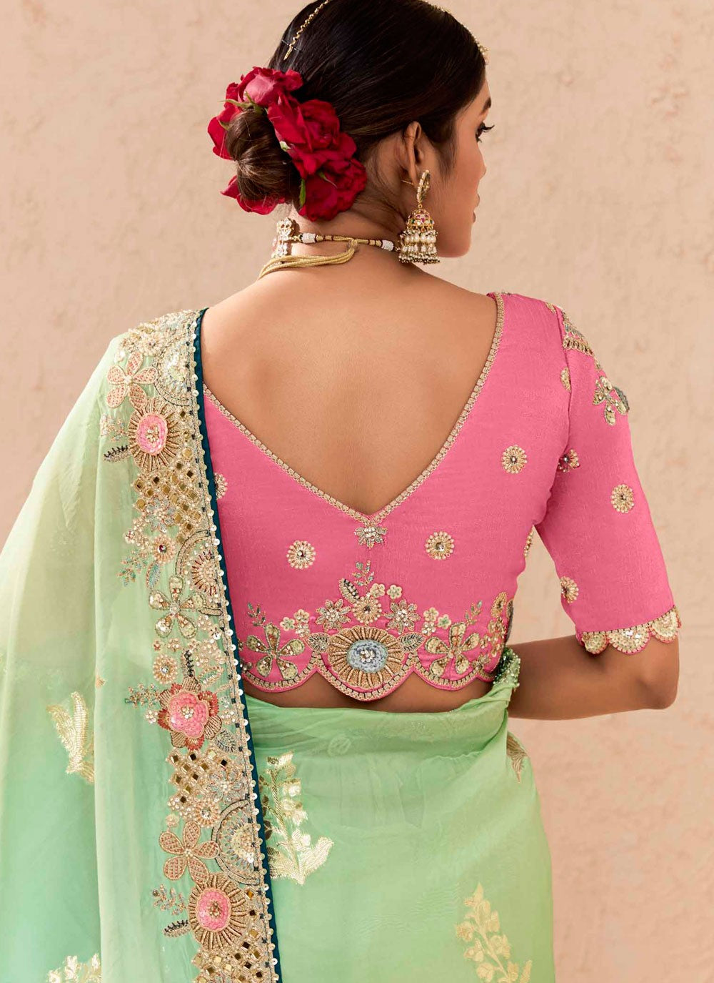 Traditional Embroidered Green, Turquoise Silk Saree S13656