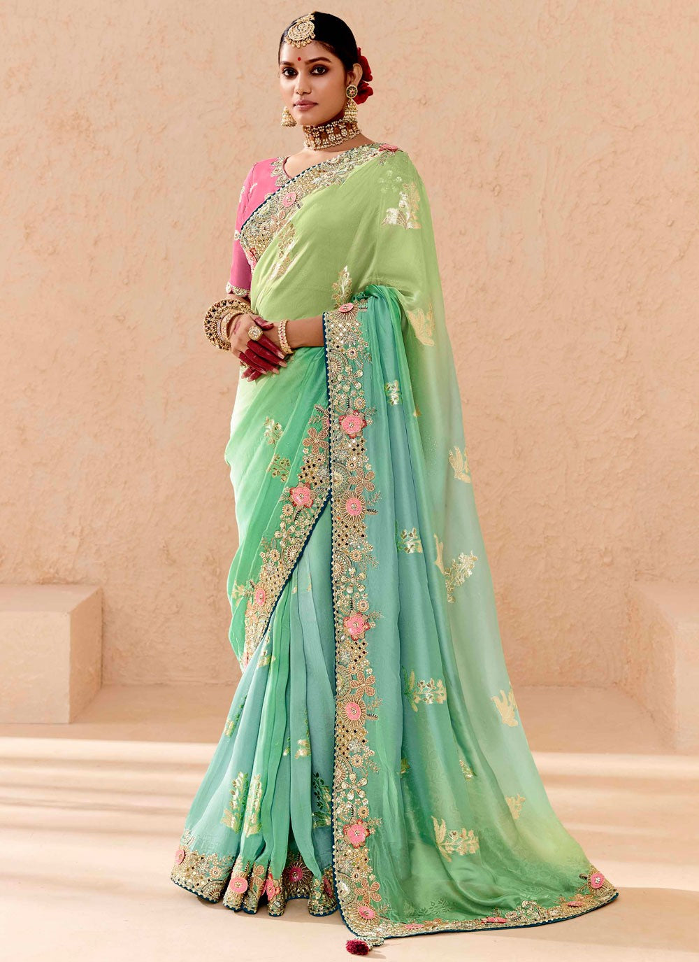 Traditional Embroidered Green, Turquoise Silk Saree S13656