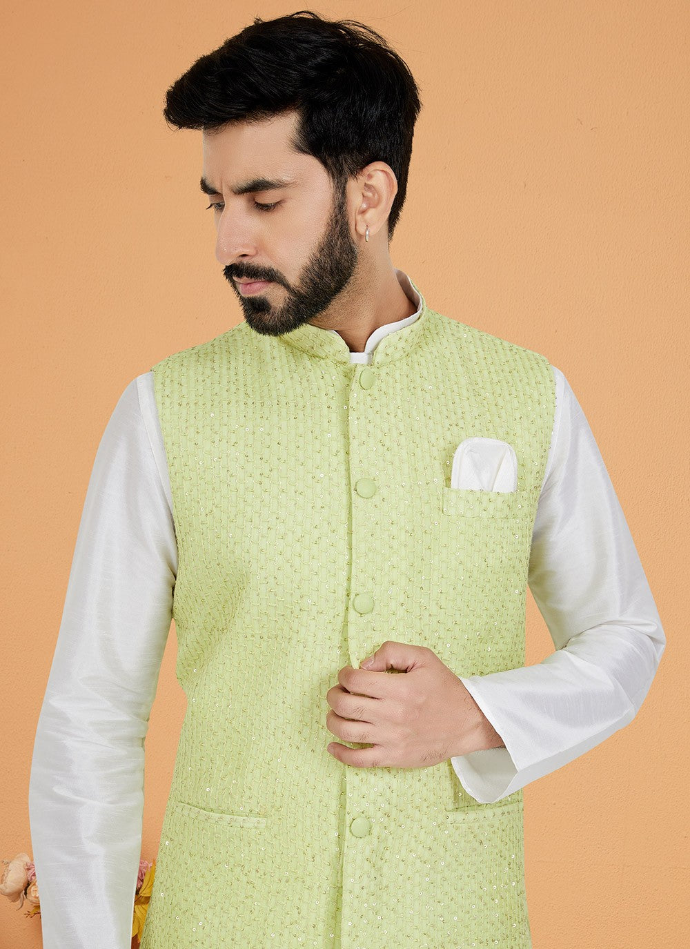 Resham Thread Work Dupion Silk, Viscose Green, White Kurta Payjama With Jacket - M5477