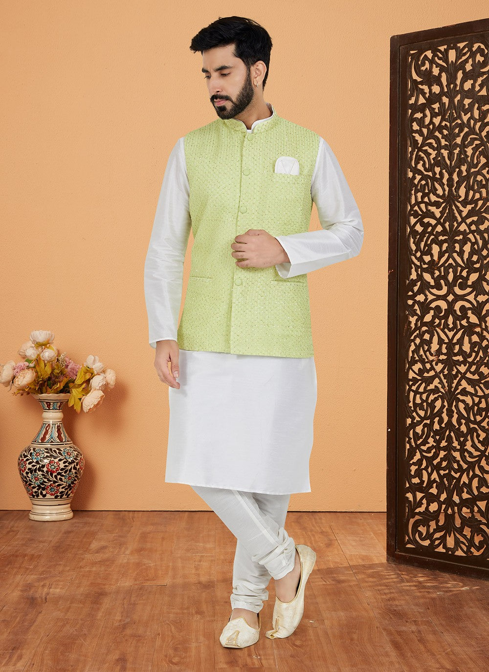 Resham Thread Work Dupion Silk, Viscose Green, White Kurta Payjama With Jacket - M5477