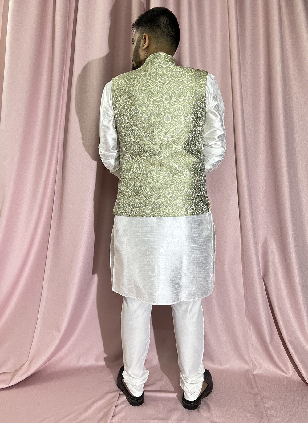 Fancy Work Jacquard, Silk Green, White Kurta Payjama With Jacket - M5881
