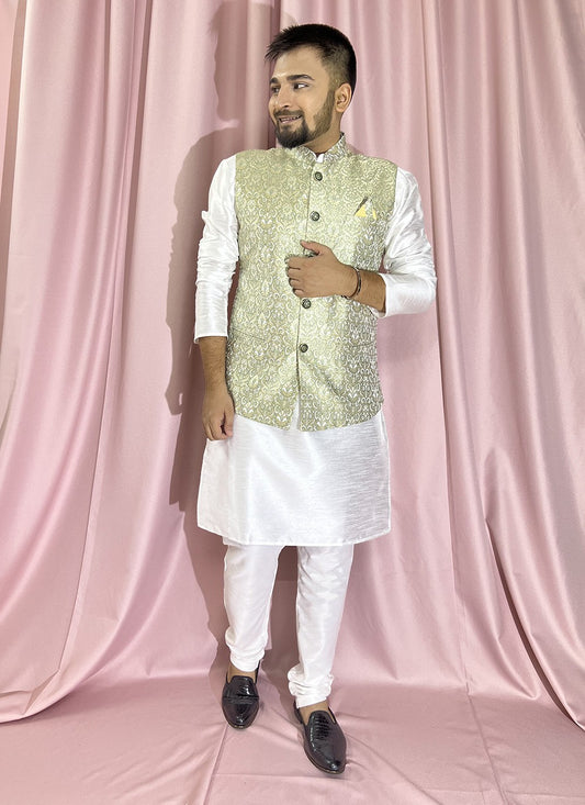 Fancy Work Jacquard, Silk Green, White Kurta Payjama With Jacket - M5881