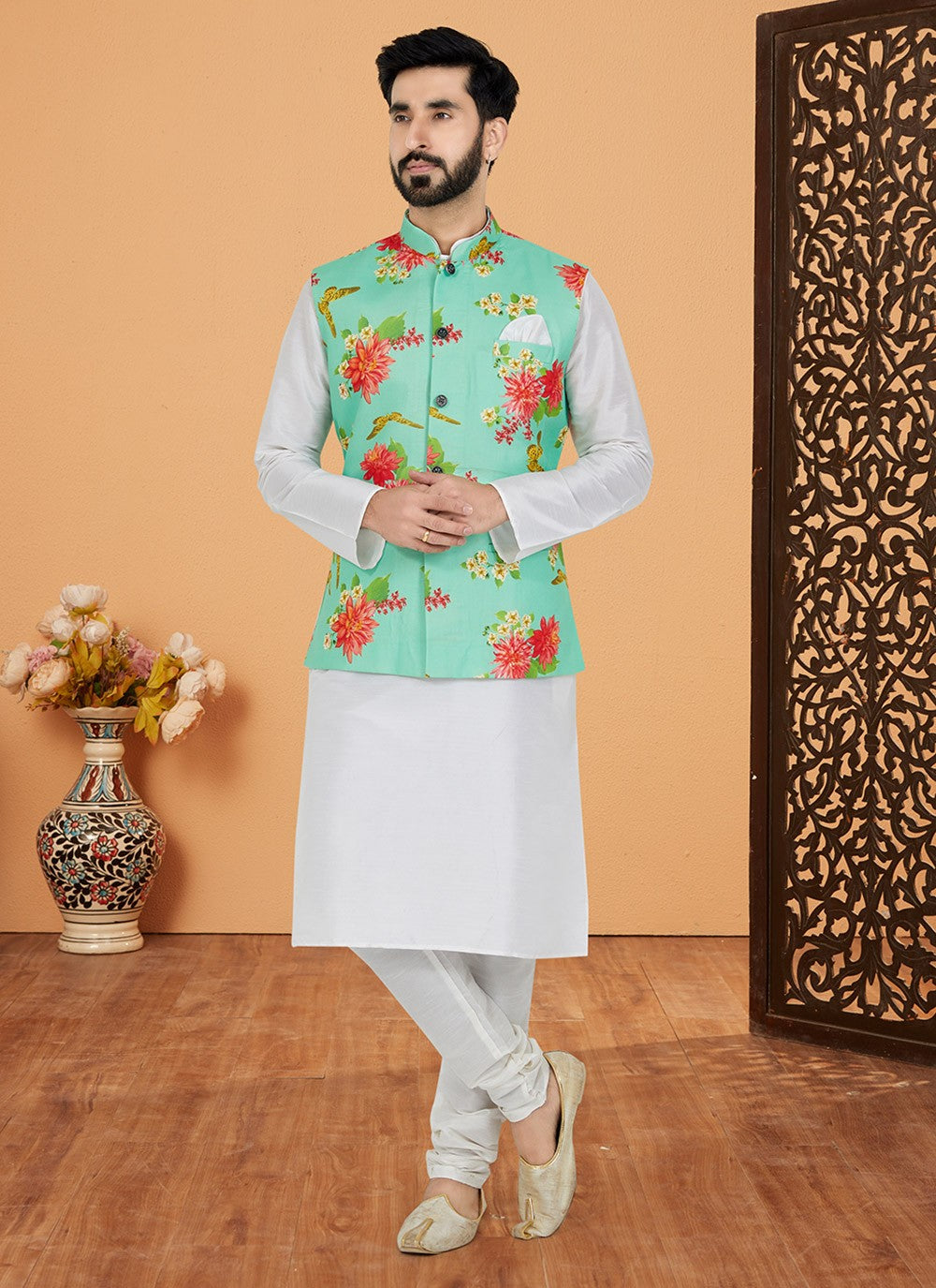 Digital Print Cotton , Dupion Silk Green, White Kurta Payjama With Jacket - M5519