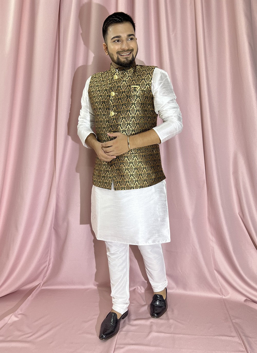 Fancy Work Jacquard, Silk Green, White Kurta Payjama With Jacket - M5886