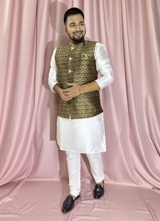 Fancy Work Jacquard, Silk Green, White Kurta Payjama With Jacket - M5886