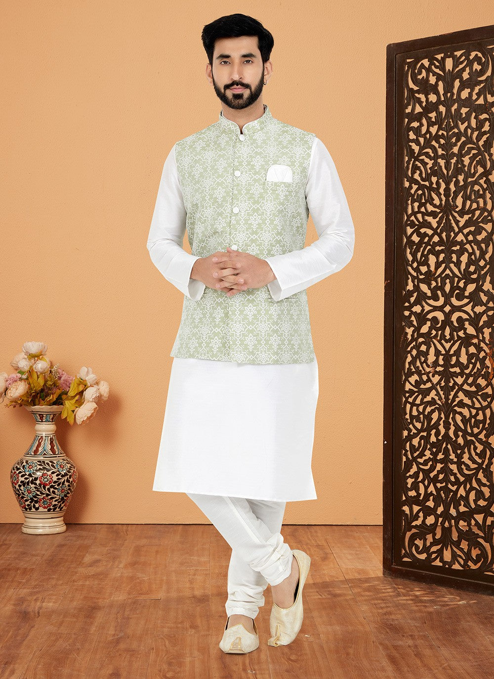 Fancy Work Jacquard Green, White Kurta Payjama With Jacket - M5516