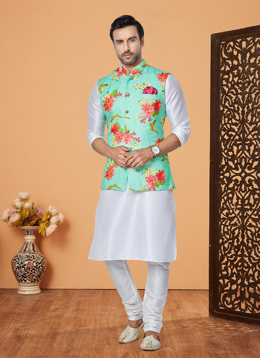 Digital Print Cotton , Dupion Silk Green, White Kurta Payjama With Jacket - M5528