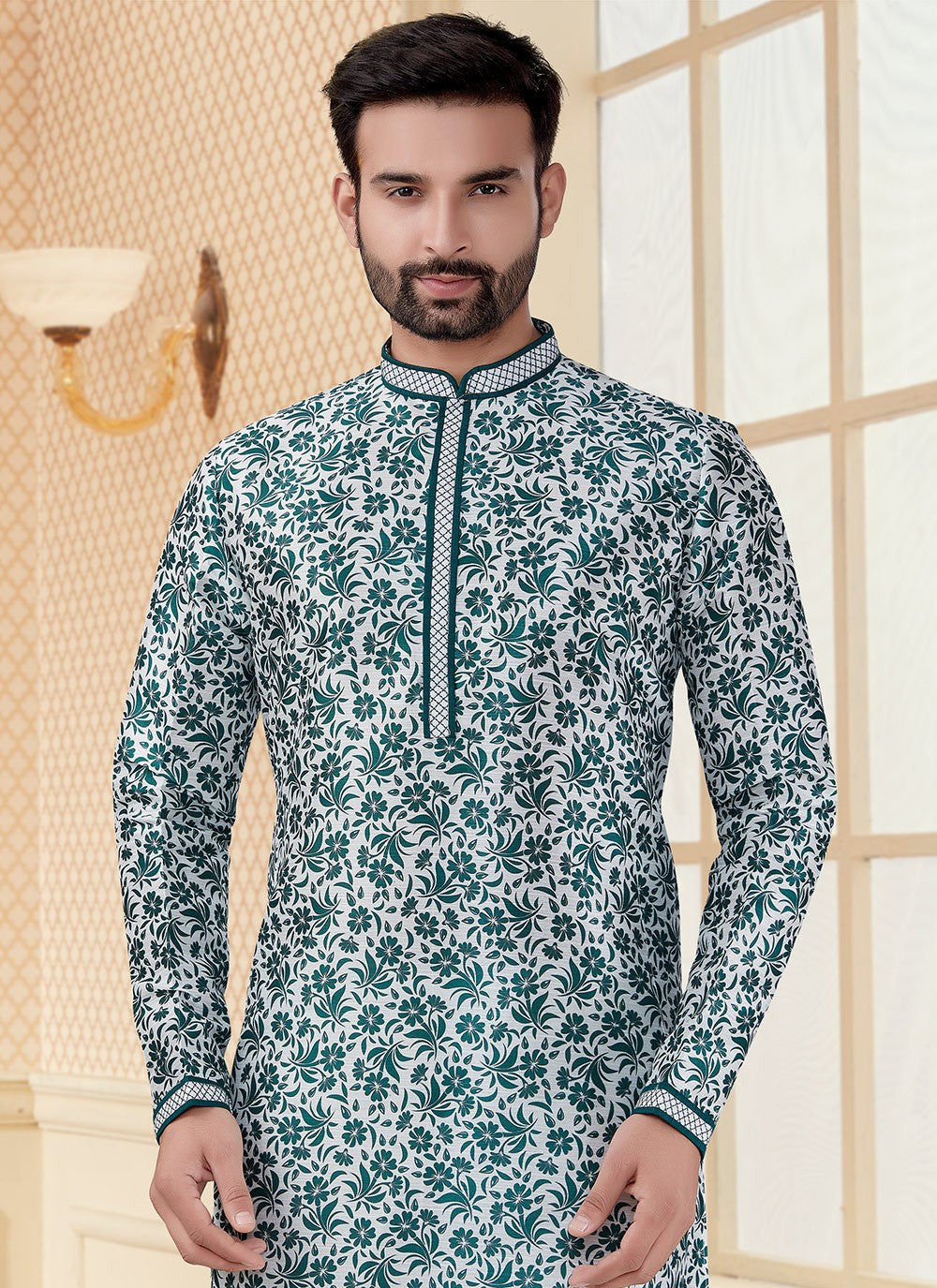 Digital Print Silk Green, White Kurta - M5600