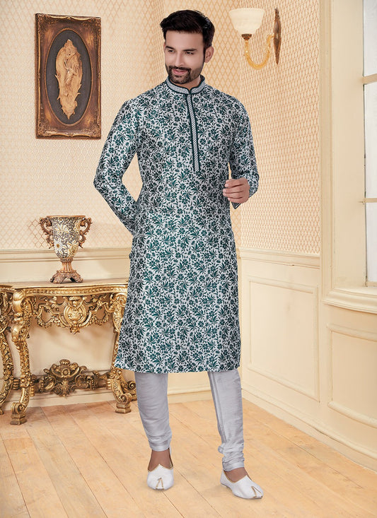 Digital Print Silk Green, White Kurta - M5600