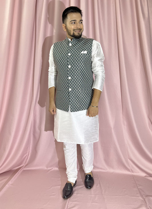 Embroidered Rayon, Silk Green, White Kurta Payjama With Jacket - M5897