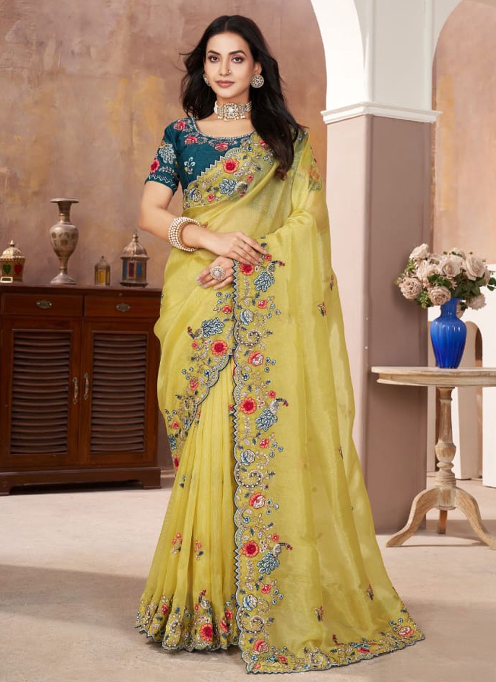 Contemporary Border Work Green, Yellow Silk Saree S13401