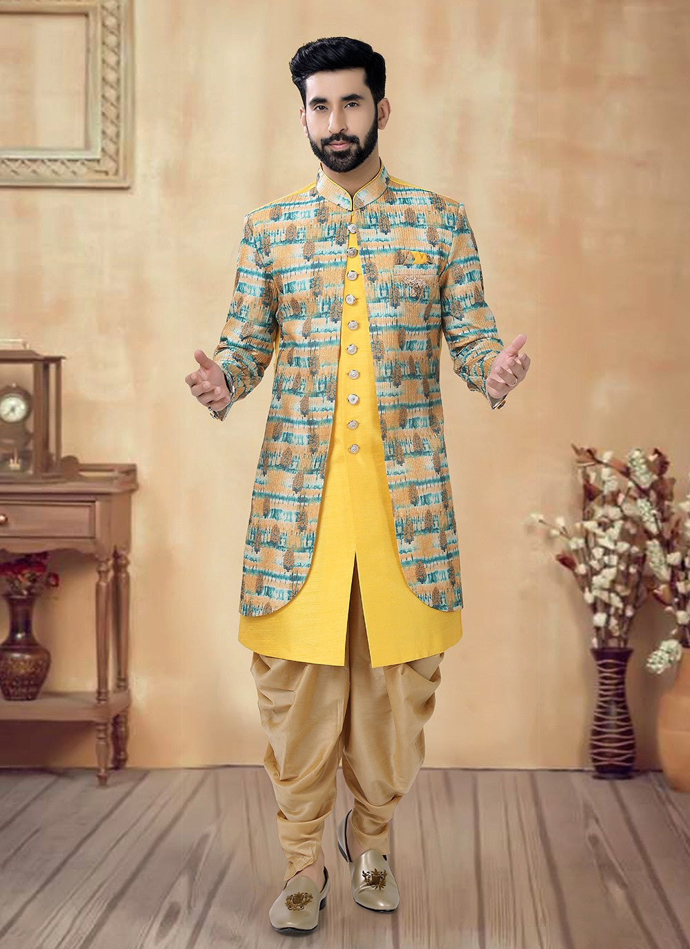 Embroidered Silk Green, Yellow Sherwani - M8505