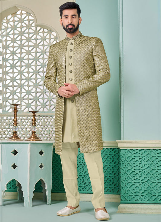 Embroidered Banarasi Silk Green Indo Western - M7292