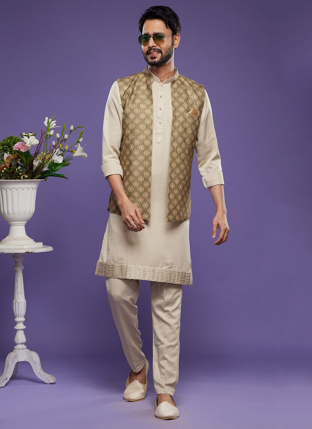 Digital Print Banarasi Silk Green Kurta Payjama With Jacket - M6077