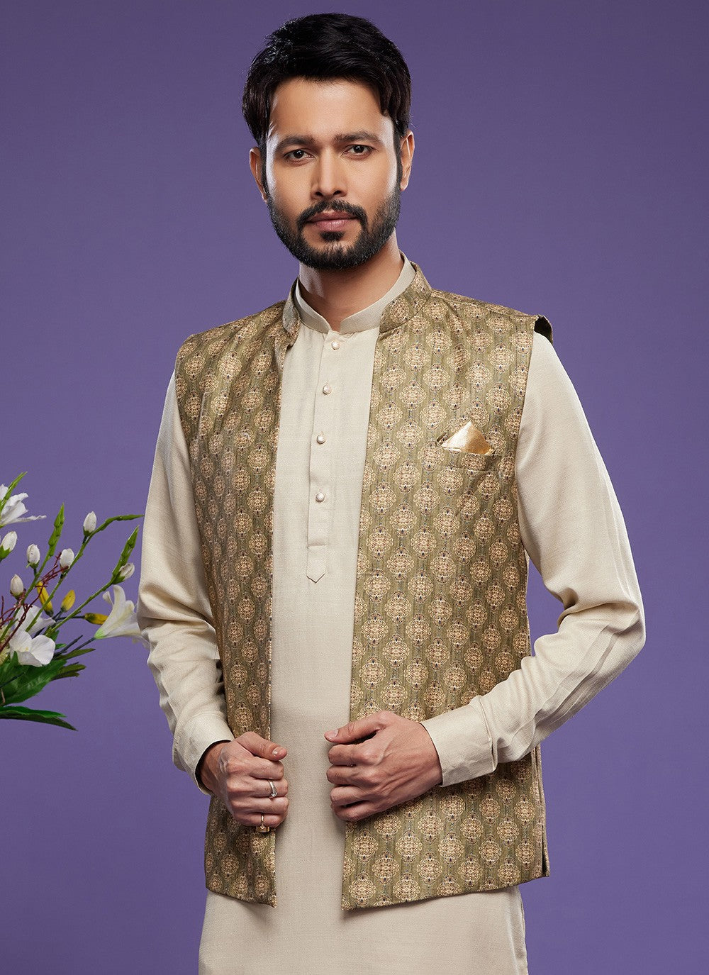 Digital Print Banarasi Silk Green Kurta Payjama With Jacket - M6077