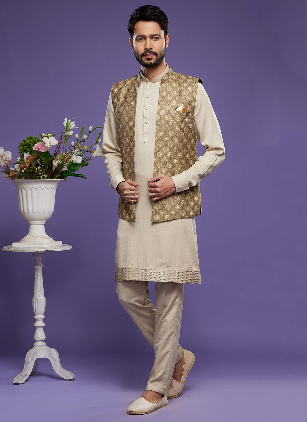 Digital Print Banarasi Silk Green Kurta Payjama With Jacket - M6077