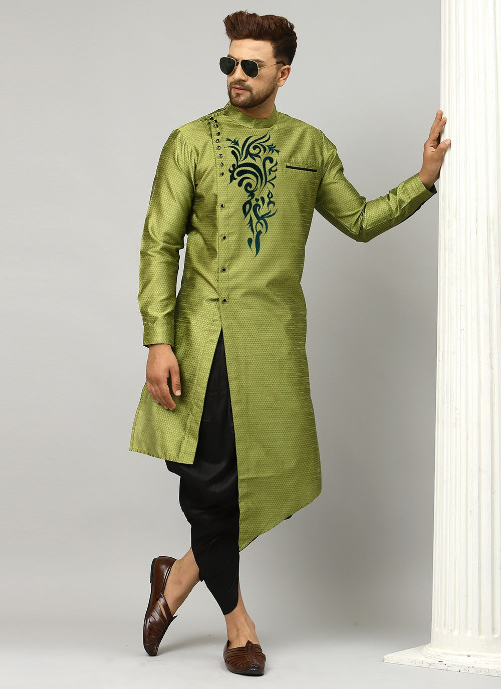 Embroidered Art Dupion Silk Green Angrakha - M3496