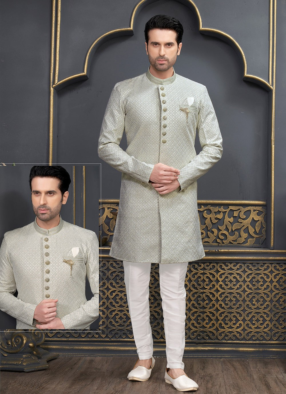 Embroidered Art Silk Green Indo Western - M6452