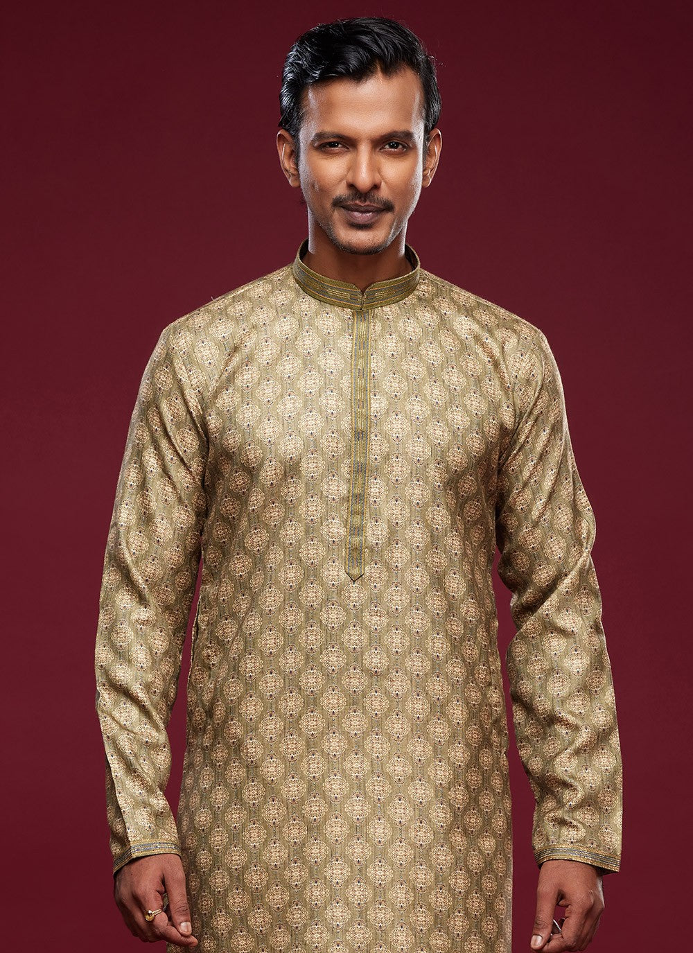 Digital Print Art Silk Green Kurta Pyjama - M6037