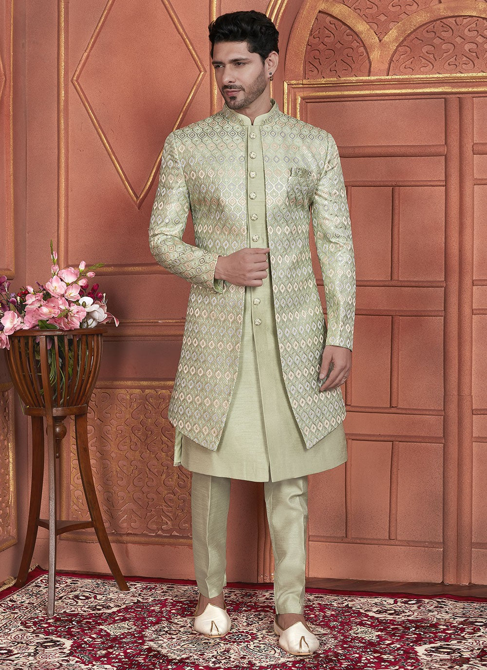 Embroidered Art Silk Green Indo Western - M7351