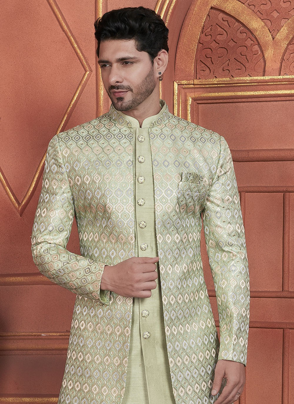 Embroidered Art Silk Green Indo Western - M7351