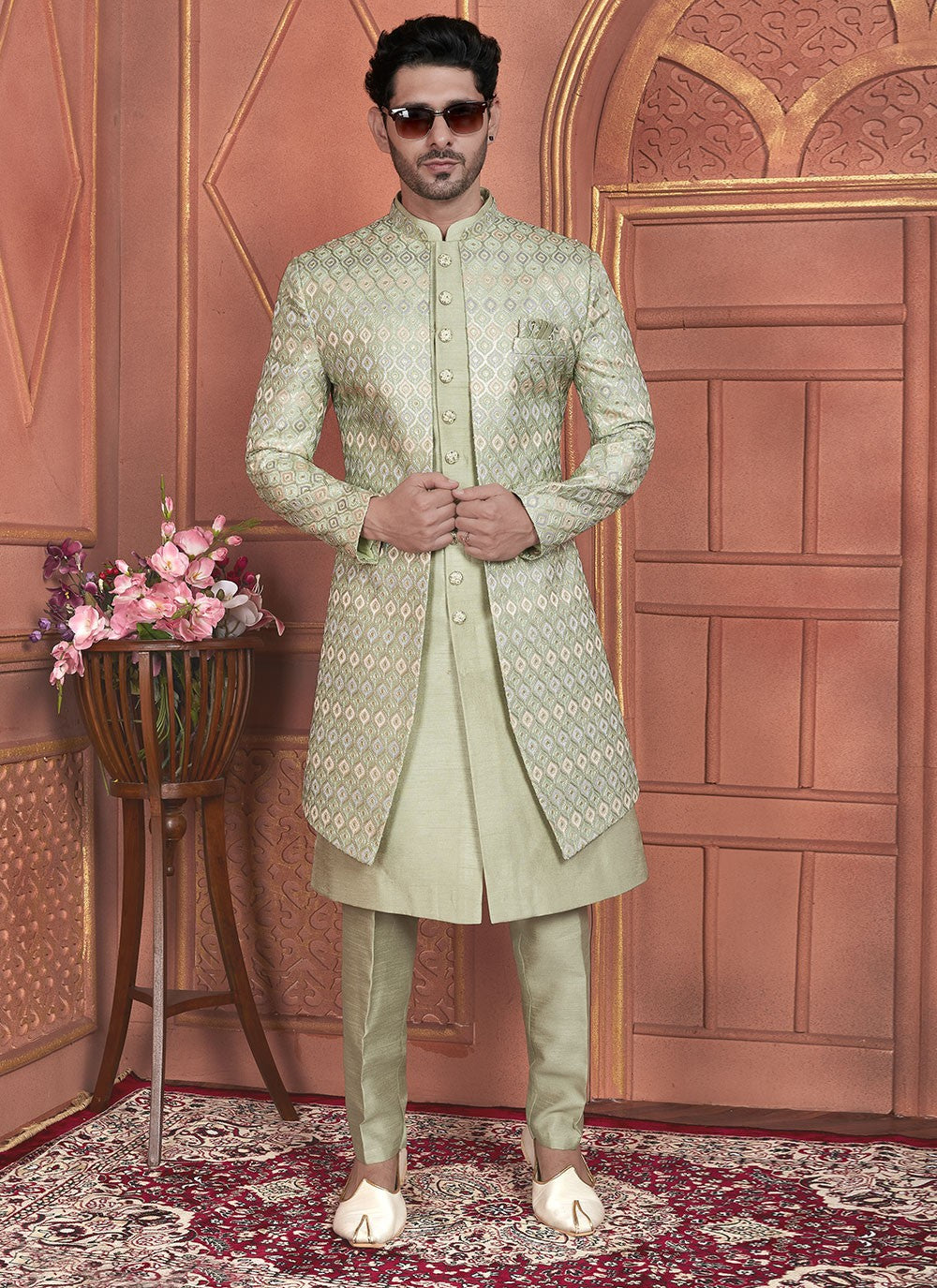 Embroidered Art Silk Green Indo Western - M7351