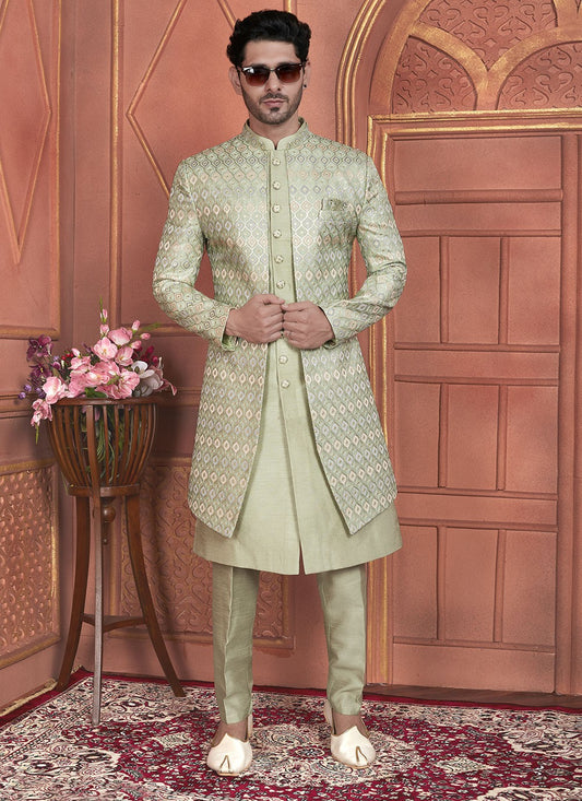 Embroidered Art Silk Green Indo Western - M7351