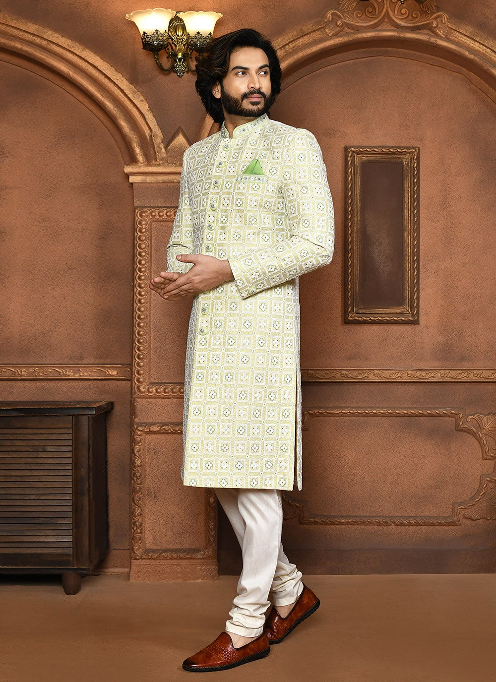 Embroidered Art Silk Green Sherwani - M8058