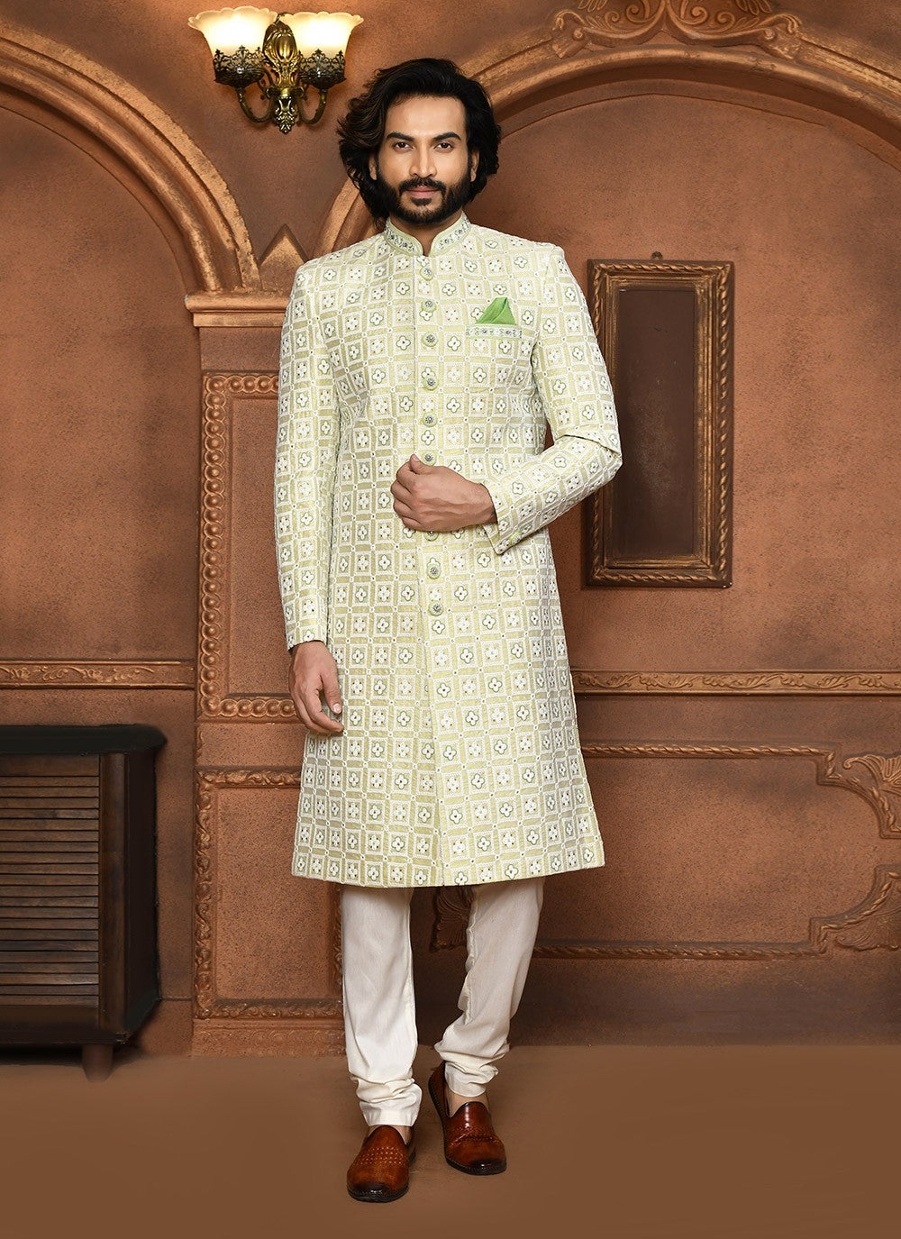 Embroidered Art Silk Green Sherwani - M8058