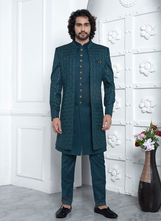 Machine Embroidery Art Silk Green Sherwani - M8252