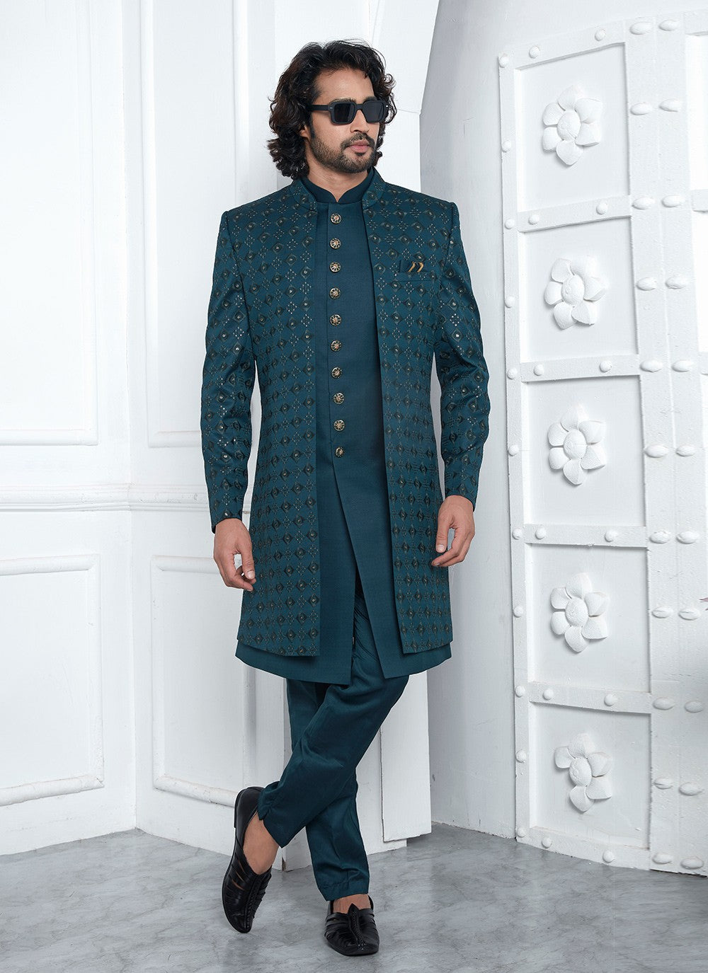 Machine Embroidery Art Silk Green Sherwani - M8252