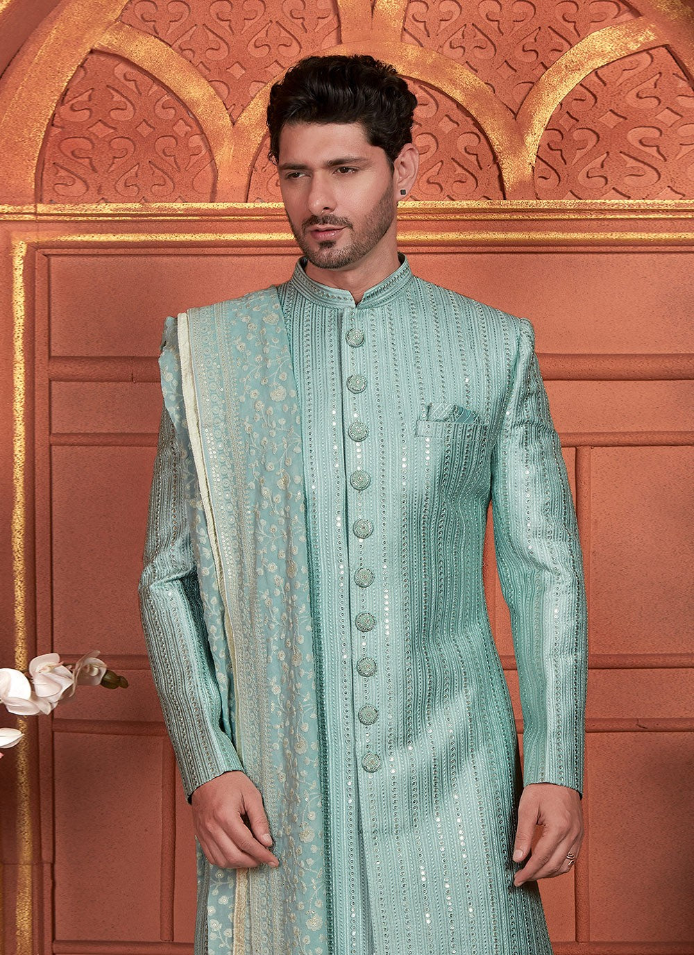 Embroidered Art Silk Green Sherwani - M8265