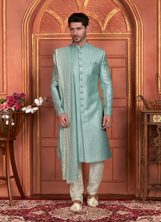 Embroidered Art Silk Green Sherwani - M8265