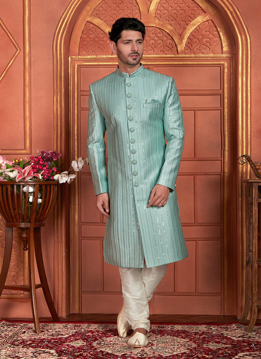 Embroidered Art Silk Green Sherwani - M8265