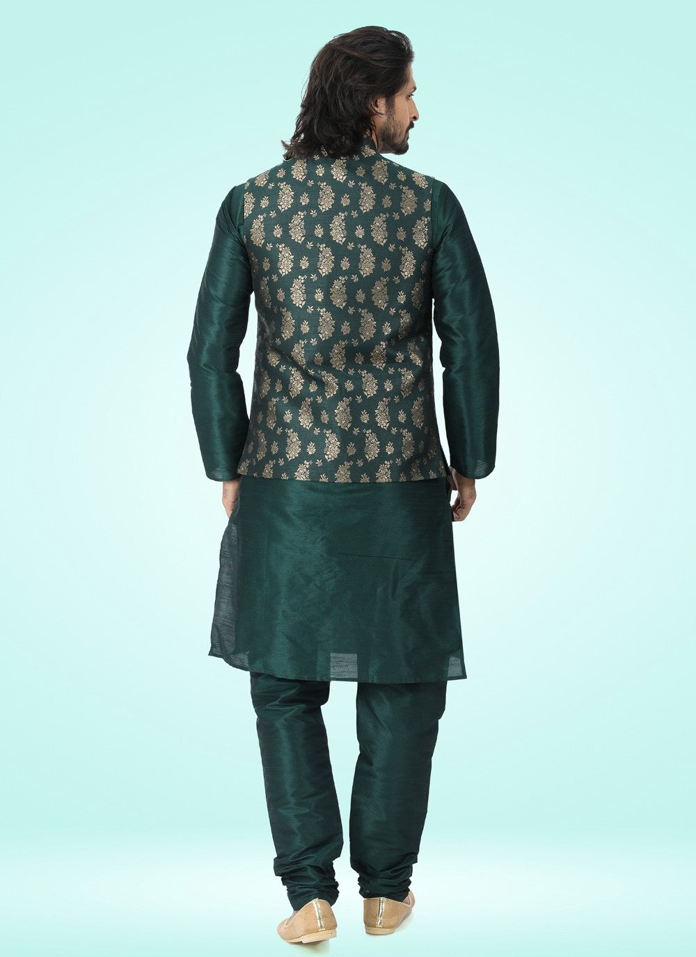 Fancy Work Banarasi Jacquard Green Kurta Payjama With Jacket - M4602