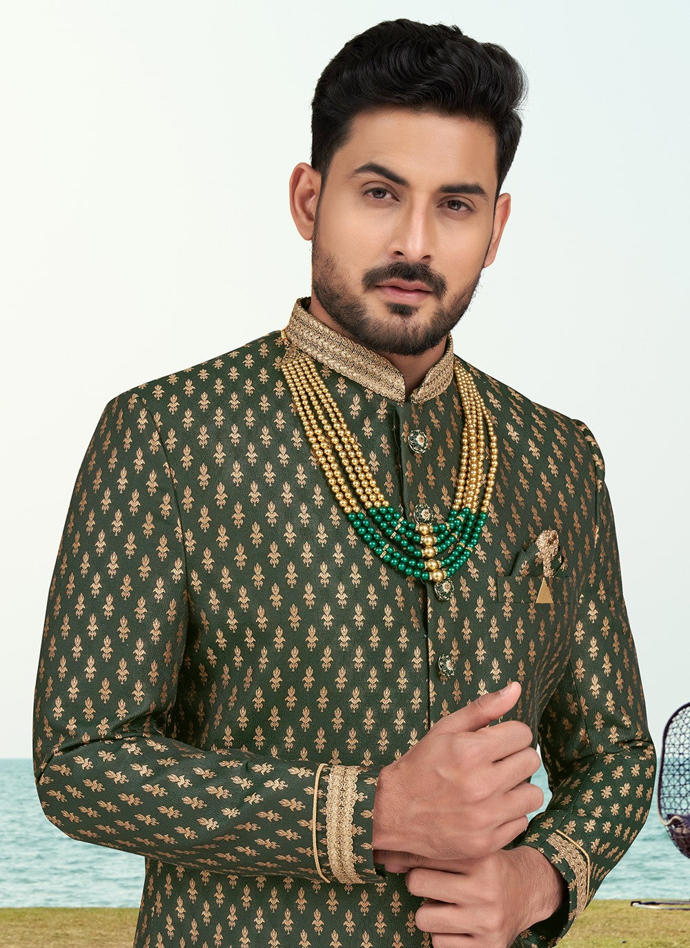 Buttons Banarasi Jacquard Green Sherwani - M6598