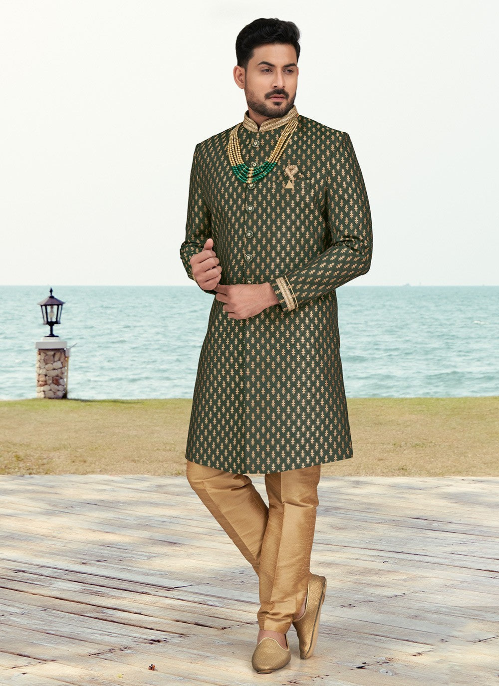 Buttons Banarasi Jacquard Green Sherwani - M6598