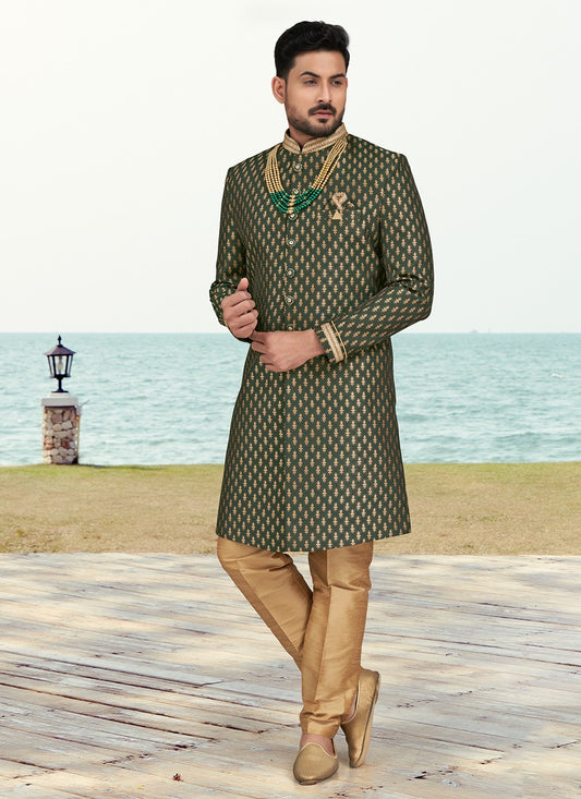 Buttons Banarasi Jacquard Green Sherwani - M6598