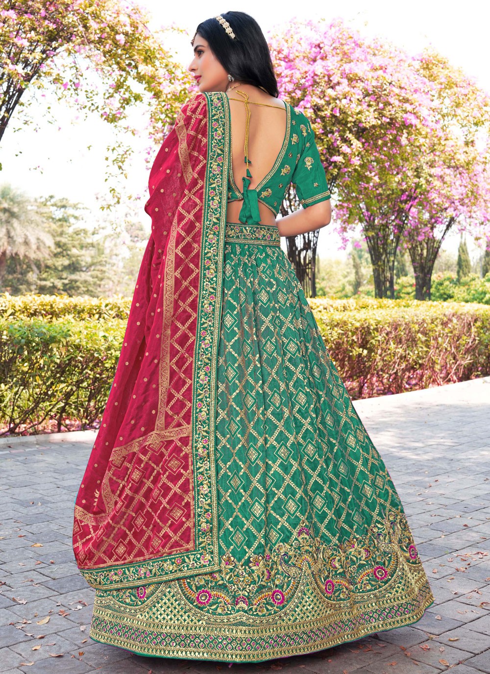 Embroidered Banarasi Silk Green Lehenga Choli L3708
