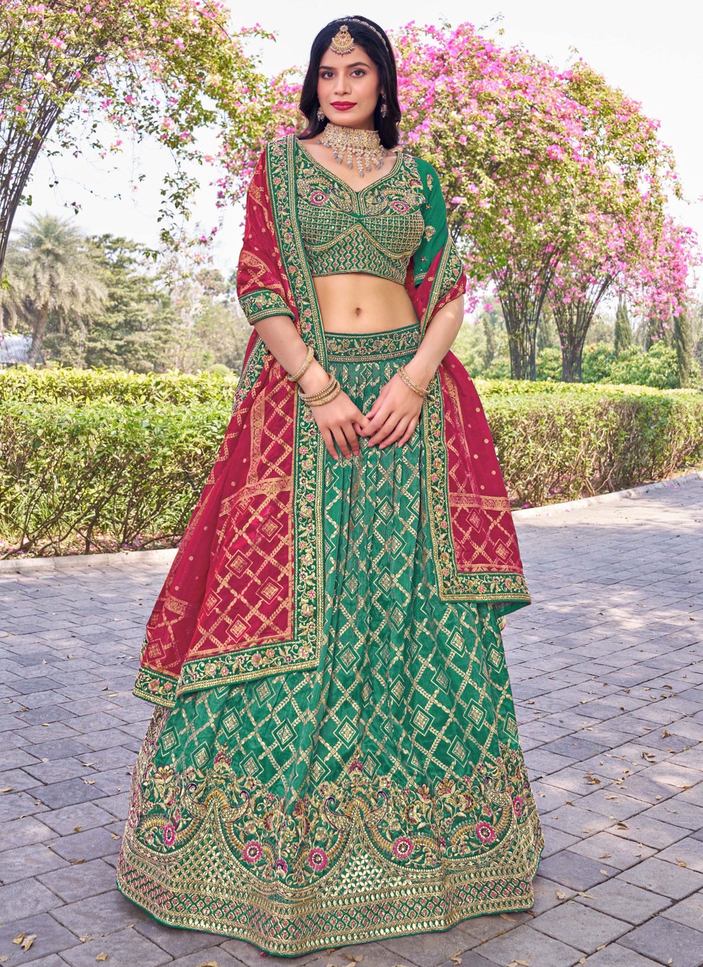 Embroidered Banarasi Silk Green Lehenga Choli L3708