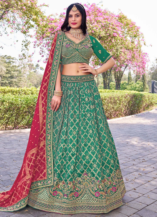 Embroidered Banarasi Silk Green Lehenga Choli L3708