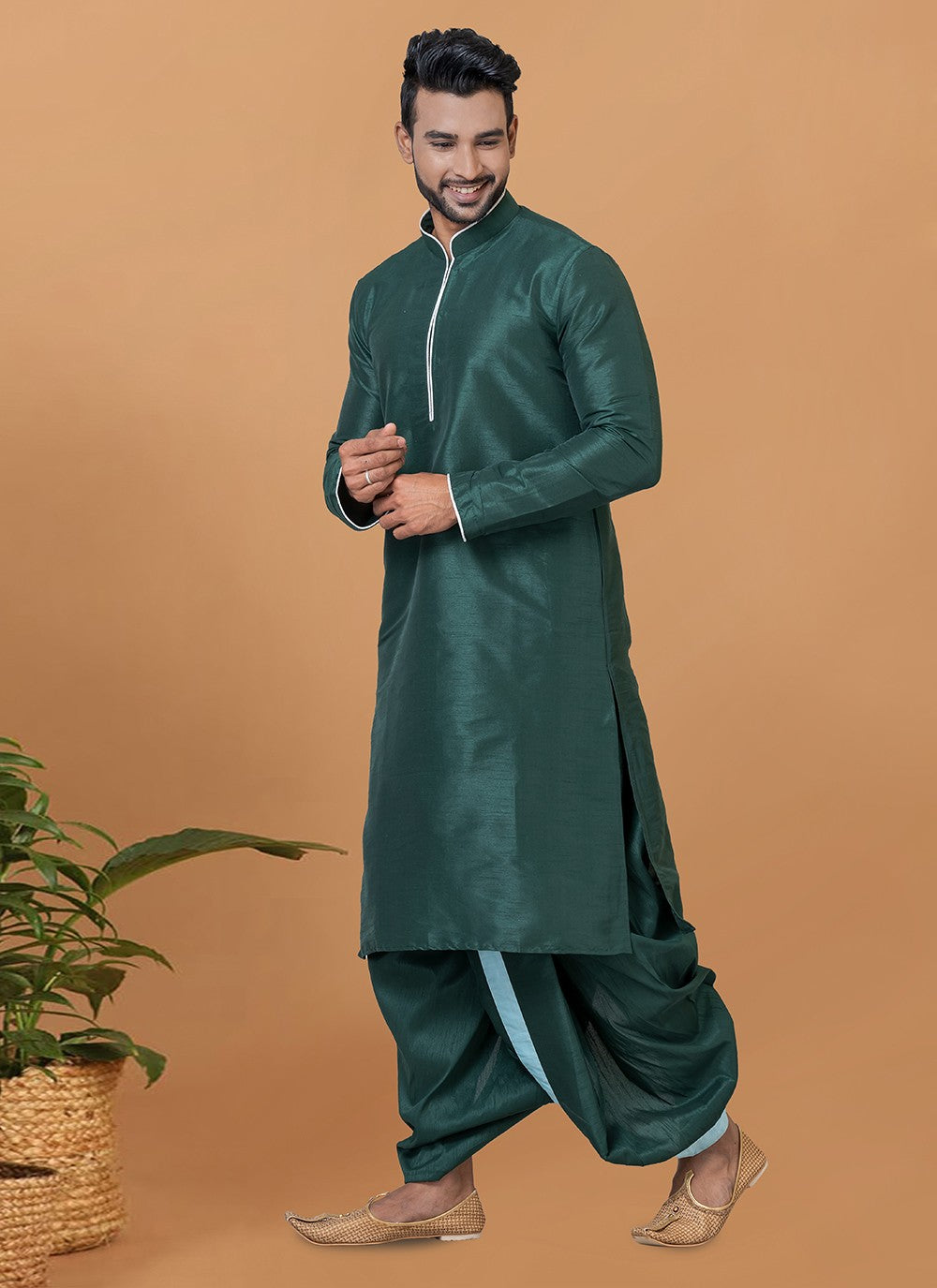Plain Banarasi Silk Green Dhoti Kurta - M5943